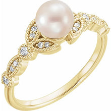 Load image into Gallery viewer, 14K Gold Cultured White Freshwater Pearl &amp; 1/10cttw Natural Diamond Leaf Ring In Multiple Colors - Sizes 6-8
