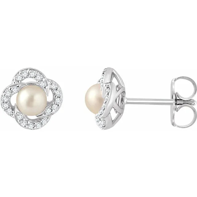 14K White Gold Cultured White Freshwater Pearl & 1/6cttw Natural Diamond Earrings