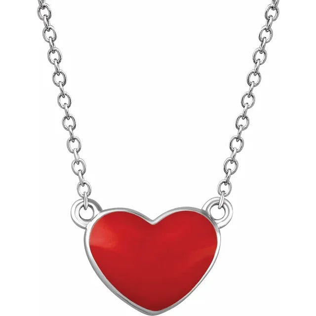 Sterling Silver Red Enamel Heart 16-18