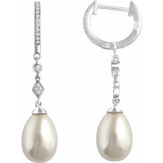 14K White Gold Cultured White Freshwater Pearl & 1/6cttw Natural Diamond Earrings