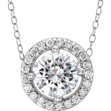 Load image into Gallery viewer, 14K White 0.50ct Forever One™ Colorless Lab-Grown Moissanite &amp; .06cttw Natural Diamond Halo Style 16-18&quot; Necklace
