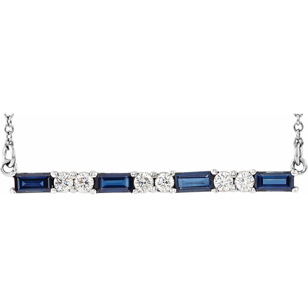 14K White Gold Natural Blue Sapphire & 1/6cttw Natural Diamond Bar 16-18