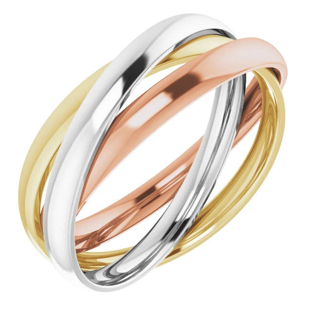 14K Gold Tri-Color Three Band Rolling Ring - Sizes 5-8