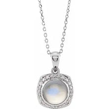 Load image into Gallery viewer, 14K White Natural Rainbow Moonstone &amp; 1/8cttw Natural Diamond Halo-Style 16-18&quot; Necklace
