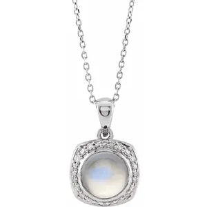 14K White Natural Rainbow Moonstone & 1/8cttw Natural Diamond Halo-Style 16-18