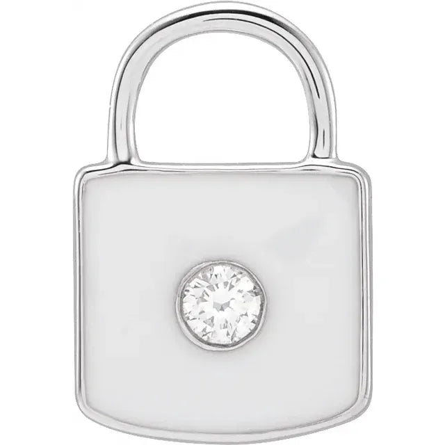 14k Gold .035cttw Natural Diamond & White Or Black Enamel Mini Lock Charm/Pendant In Multiple Colors