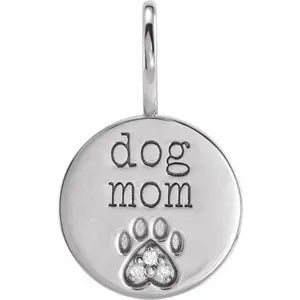 14k Gold .01cttw Natural Diamond Engraved Dog Mom Paw Print Charm/Pendant In Multiple Colors