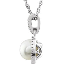 Load image into Gallery viewer, 14K White Gold Cultured White Freshwater Pearl &amp; 1/10cttw Natural Diamond 18&quot; Halo Necklace
