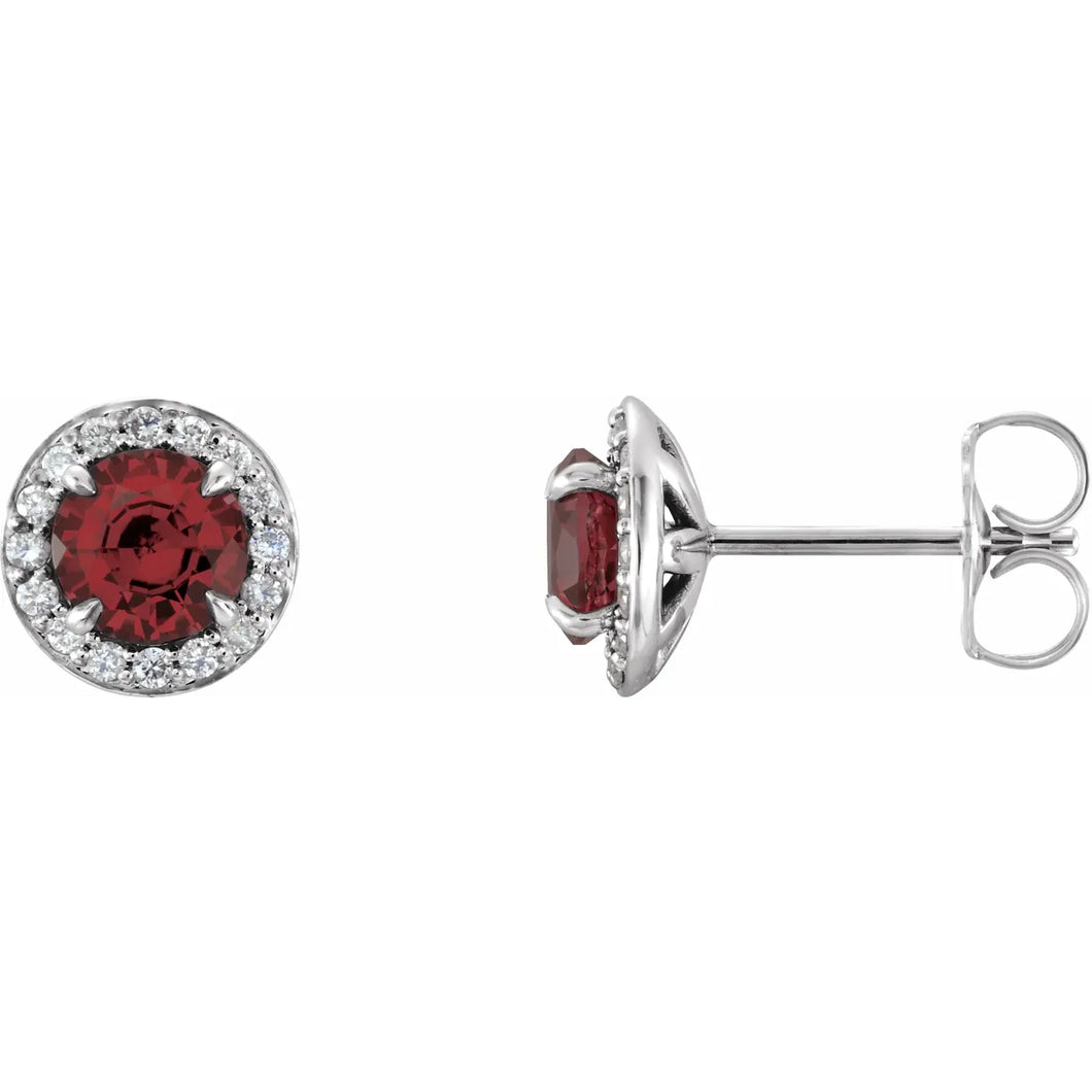 14K White Gold 5mm Natural Mozambique Garnet & 1/8 CTW Natural Diamond Earrings