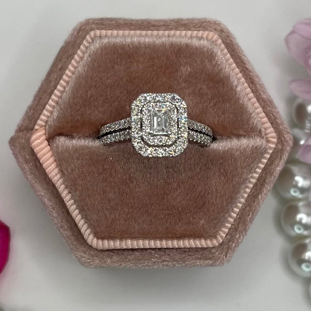 14k 1cttw Emerald Cut Natural Diamond Double Halo, Blue Sapphire Vera Wang Engagement Ring