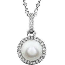 Load image into Gallery viewer, 14K White Gold Cultured White Freshwater Pearl &amp; 1/10cttw Natural Diamond 18&quot; Halo Necklace
