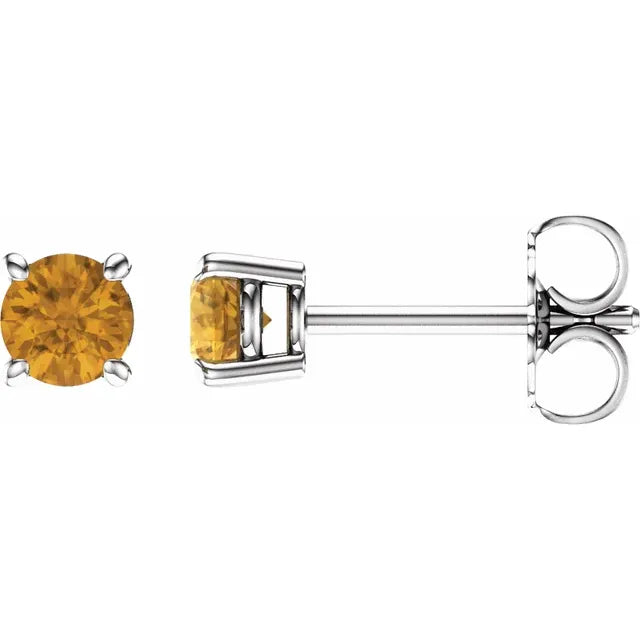 14K White Gold 4mm Natural Citrine Stud Earrings